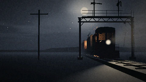 An armored train runs through fog at night under a dead signal bridge, its headlamp lit.