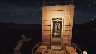 At night, one of the dead reaches over the side rail of the train toward a lit doorway and its ladder.