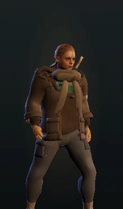 A woman with her hair tied back, in a heavy brown jacket.